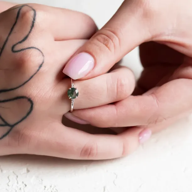 Unusual engagement ring with moss agate and diamonds CAMILA Image