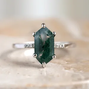 Gold diamond ring with moss agate ROXANE