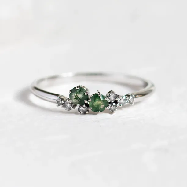 Cluster prsten s mechovými acháty a salt and pepper diamanty EVE Image