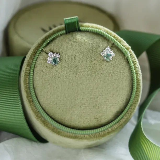 Gold earrings with moss agate and diamonds JASMINE Image