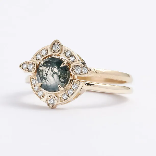 Moss agate and diamonds engagement ring set BRISTOL Image
