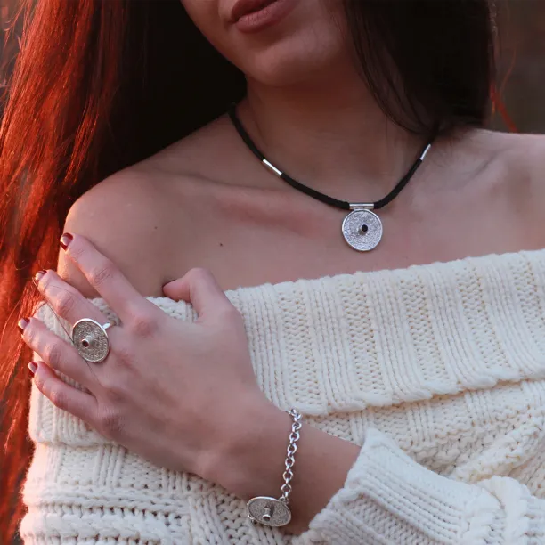 Unique Mayan Calendar Sterling Silver Bracelet with Bohemian granet Image