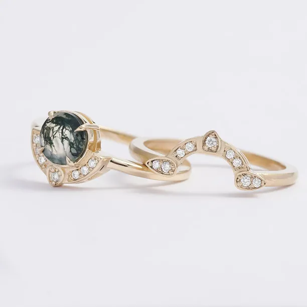 Moss agate and diamonds engagement ring set BRISTOL Image