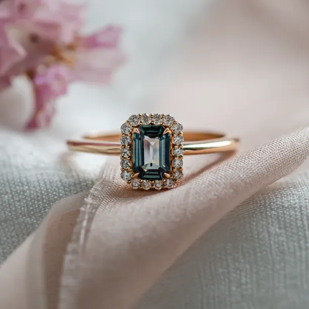 Halo gold ring with teal baguette sapphire and diamonds CELADON Image