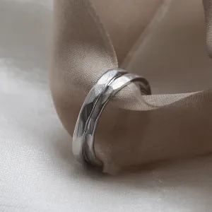 Matte platinum wedding bands with hammered surface ETA Thumbnail
