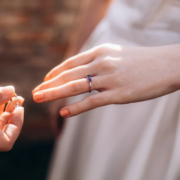 Gold ring with baguette blue lab grown sapphire and diamonds ODETA Image