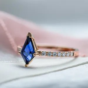 Gold ring with blue lab grown sapphire and moissanites ZEPHYR Thumbnail