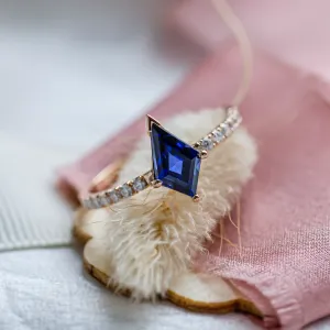 Gold ring with blue lab grown sapphire and moissanites ZEPHYR Thumbnail
