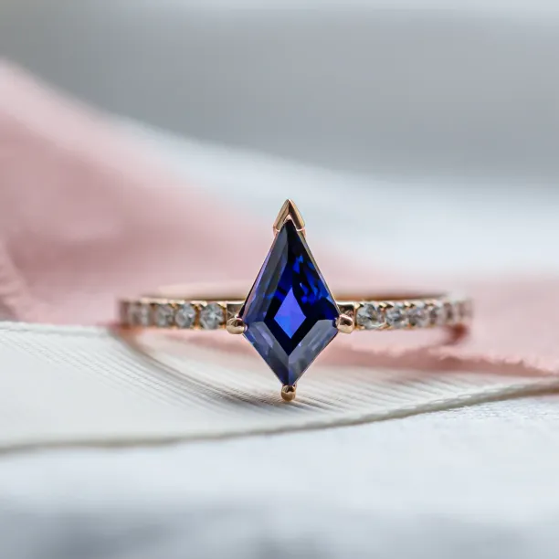 Gold ring with blue lab grown sapphire and moissanites ZEPHYR Image