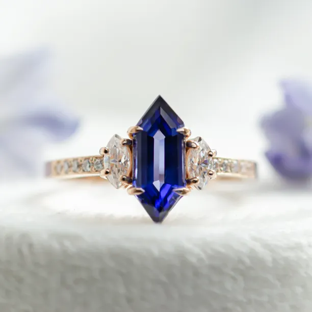 Ring with blue lab grown sapphire and moissanites ELLIS Image
