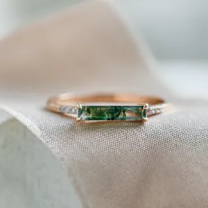 Gold ring with baguette moss agate and diamonds ELLETH Thumbnail