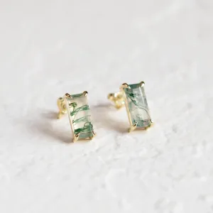 Gold baguette moss agate earrings ANDUINA Thumbnail