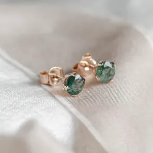 Round gold stud earrings with moss agate RENE Thumbnail