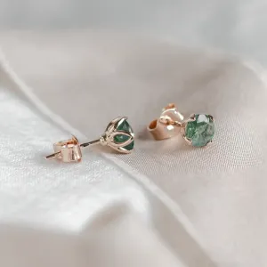 Round gold stud earrings with moss agate RENE Thumbnail