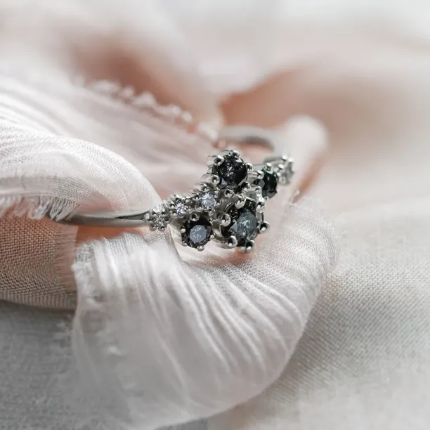 Unusual cluster ring with salt'n'pepper diamonds GEMBA Image