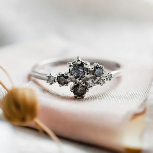 Unusual cluster ring with salt'n'pepper diamonds GEMBA Image
