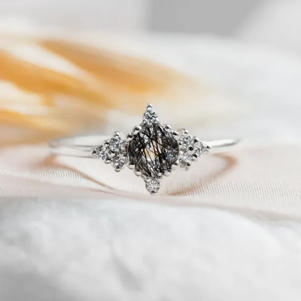 Gold ring with rutilated quartz and diamonds PHOENIX Image