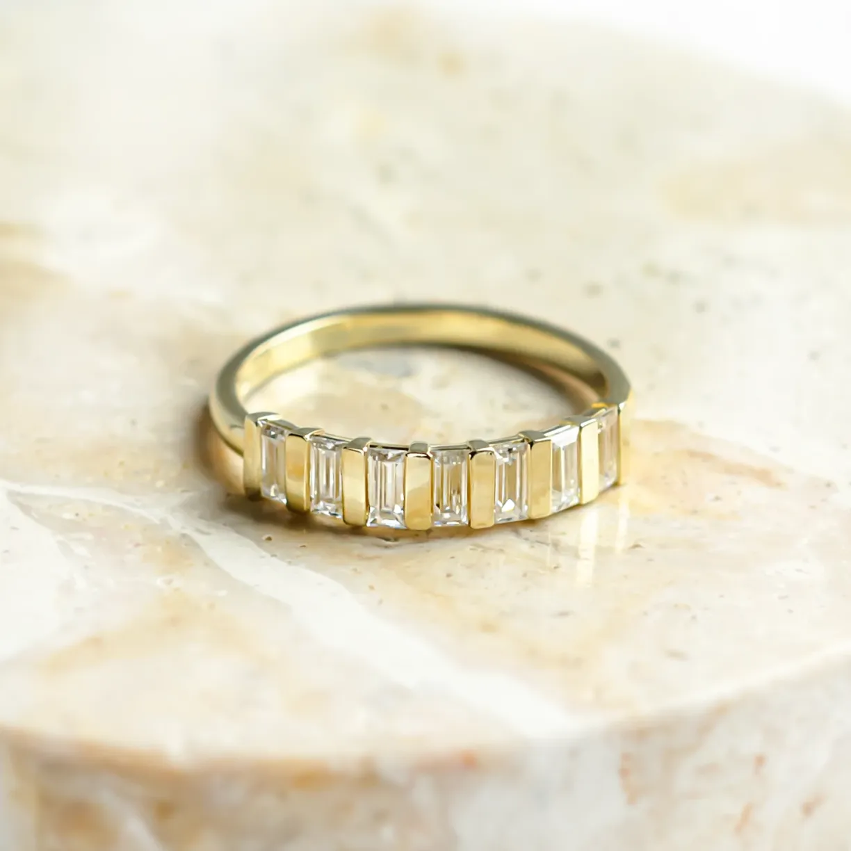 Unique baguette cut moissanite ring.
