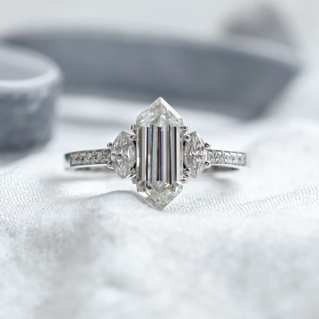 engagement ring with hexagon moissanite