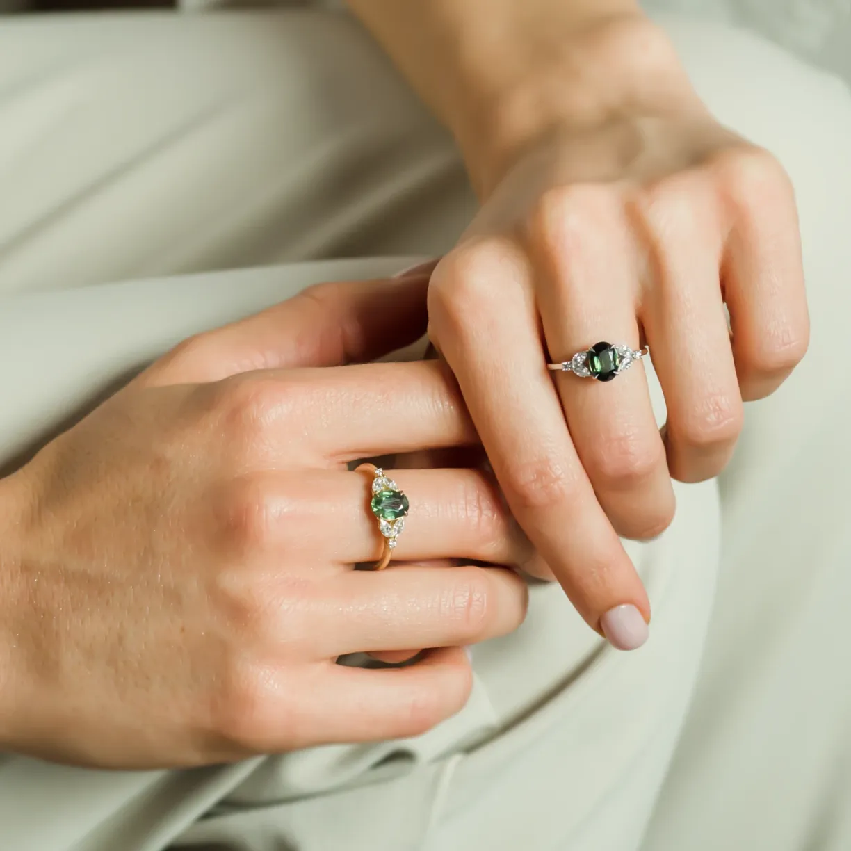 engagement ring with green sapphire
