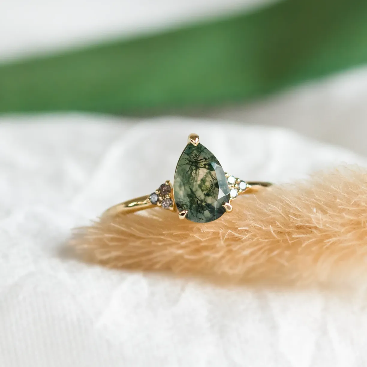 engagement ring with moss agate