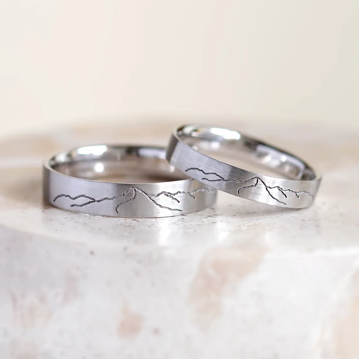 wedding rings with engraved mountains
